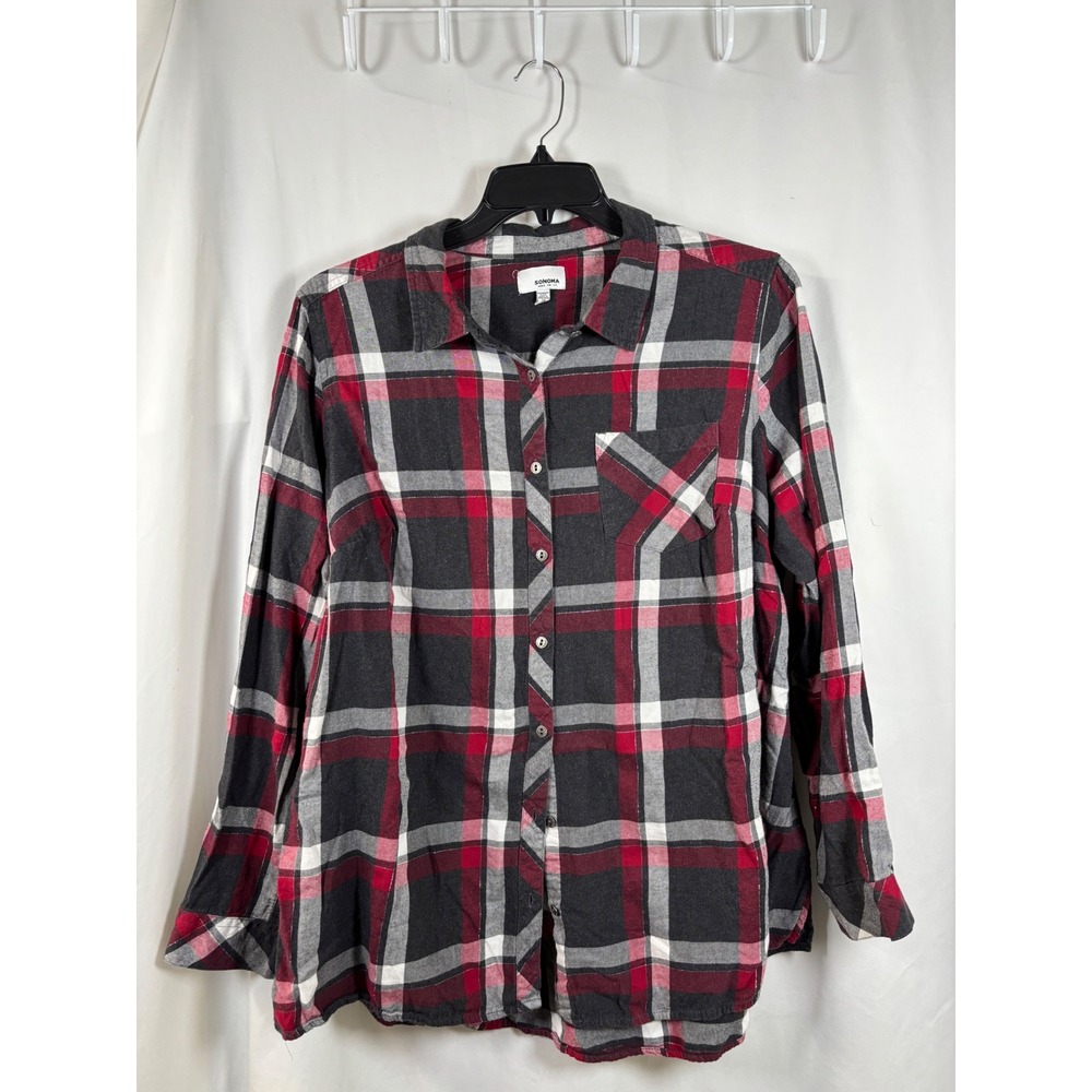 Sonoma Goods For Life Womens Plus 2X Plaid Button Down Shirt Red Black Metallic